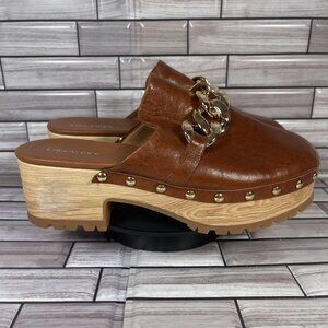 Lisa Vicky Brown Leather Mules with Gold Chain